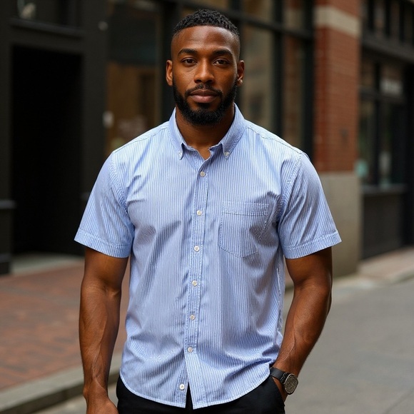 📌Croft & Barrow Men’s Short Sleeve Button-Down Shirt Blue White Pinstripe XL - Picture 1 of 6